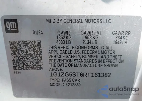 2024 Chevrolet Malibu Fwd Rs z USA, uszkodzony, nr VIN 1G1ZG5ST6RF161382